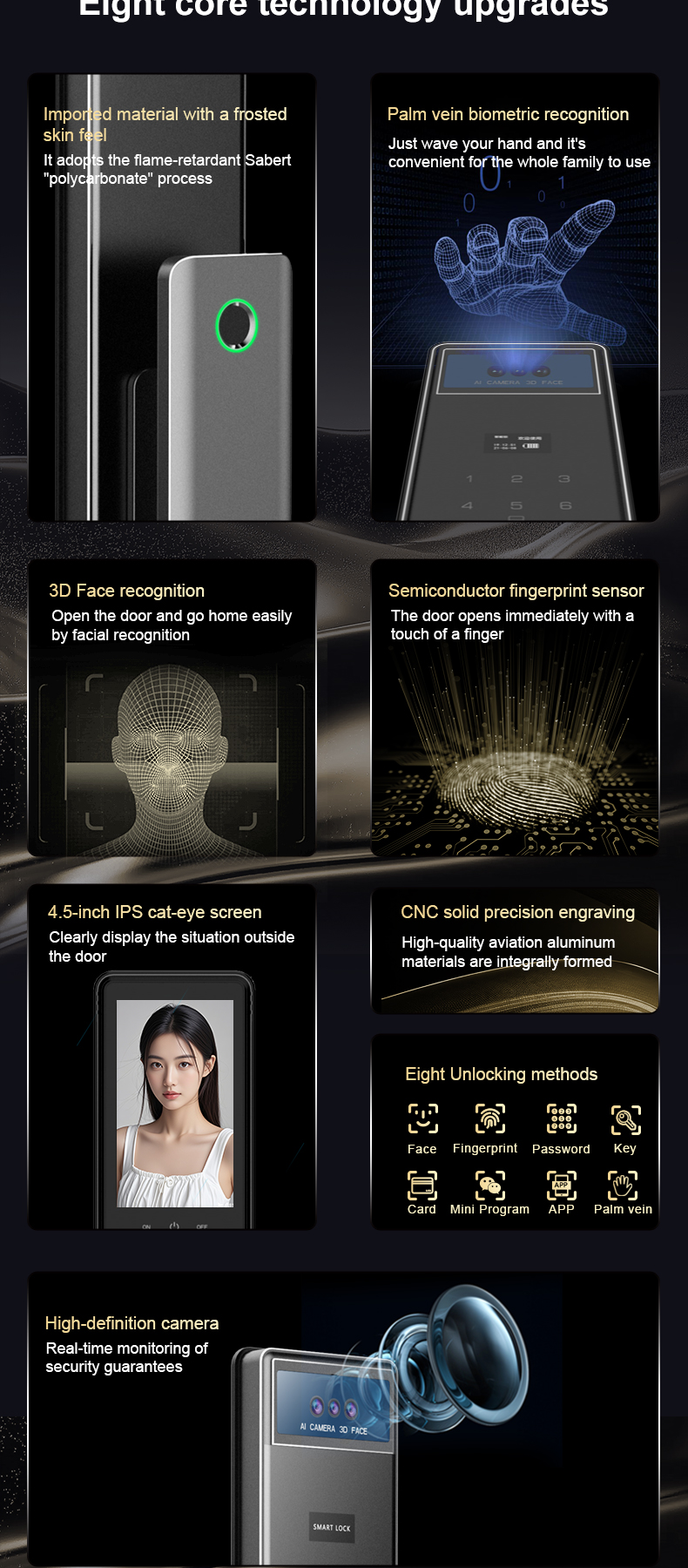 CNC Precision Engraving Smart Lock Palm Vein Face Recognition Hotel Apartment Tuya APP Remote Control Smart Lock