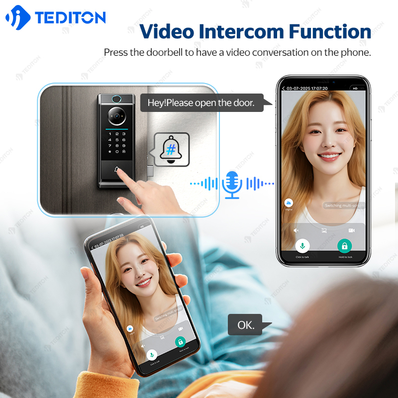 Tediton Video Intercom Tuya Wifi Cerradura Inteligente Digital Fingerprint Smart Door Deadbolt Lock With Camera