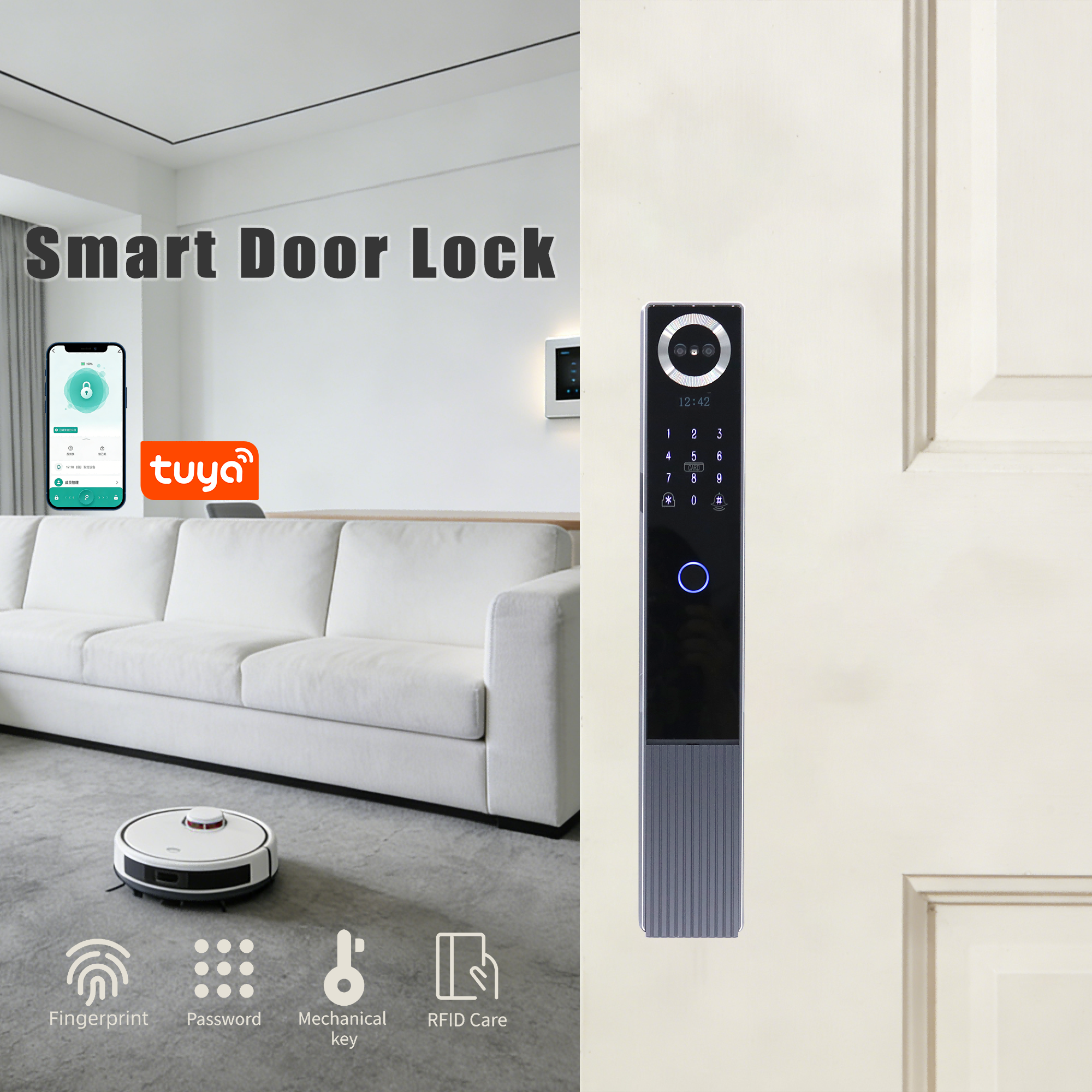 Home Smart Door Lock-Fully Automatic Wi-Fi Enabled 3D Face Recognition Fingerprint Biometric Tuya App Control Memory