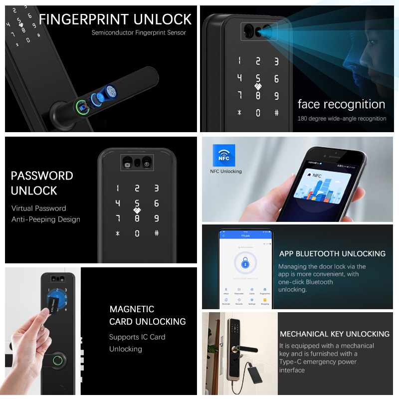 Black TTLock Smart Cylinder Lock with Wi-Fi &amp; Tuya App Cloud 3D Face Recognition Fingerprint Waterproof Front Door Home Security
