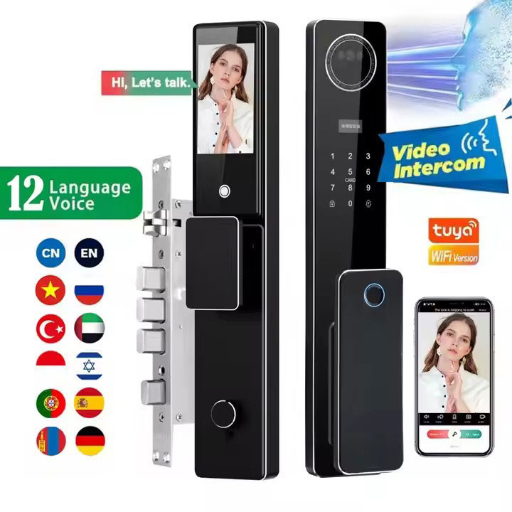 Tuya WiFi 3D Face Recognition Intercom Entry Smart Lock for Home 6068 Mortise Digital Door Lock Palm Fingerprint Card Key with