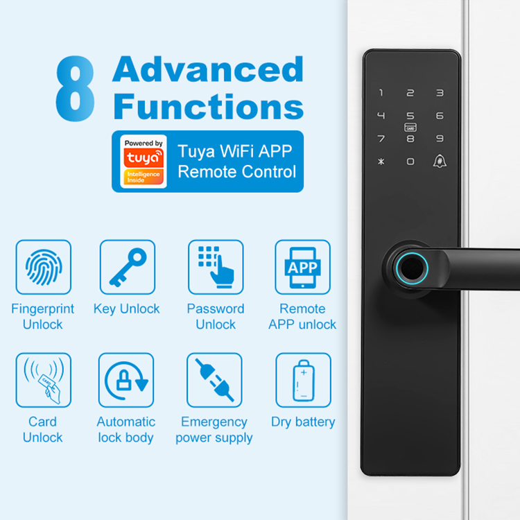 Factory Wholesale Tuya Smart Fingerprint Door Lock Password Card Key Unlock Active Security Alarm Wi-Fi Steel Brass Door Cloud