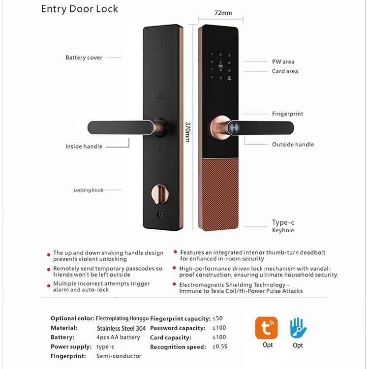 Semi-automatic Smart Door Lock with Fingerprint Card App &amp; Password Unlock Cloud Storage Stainless Steel 304 Entry Door Lock