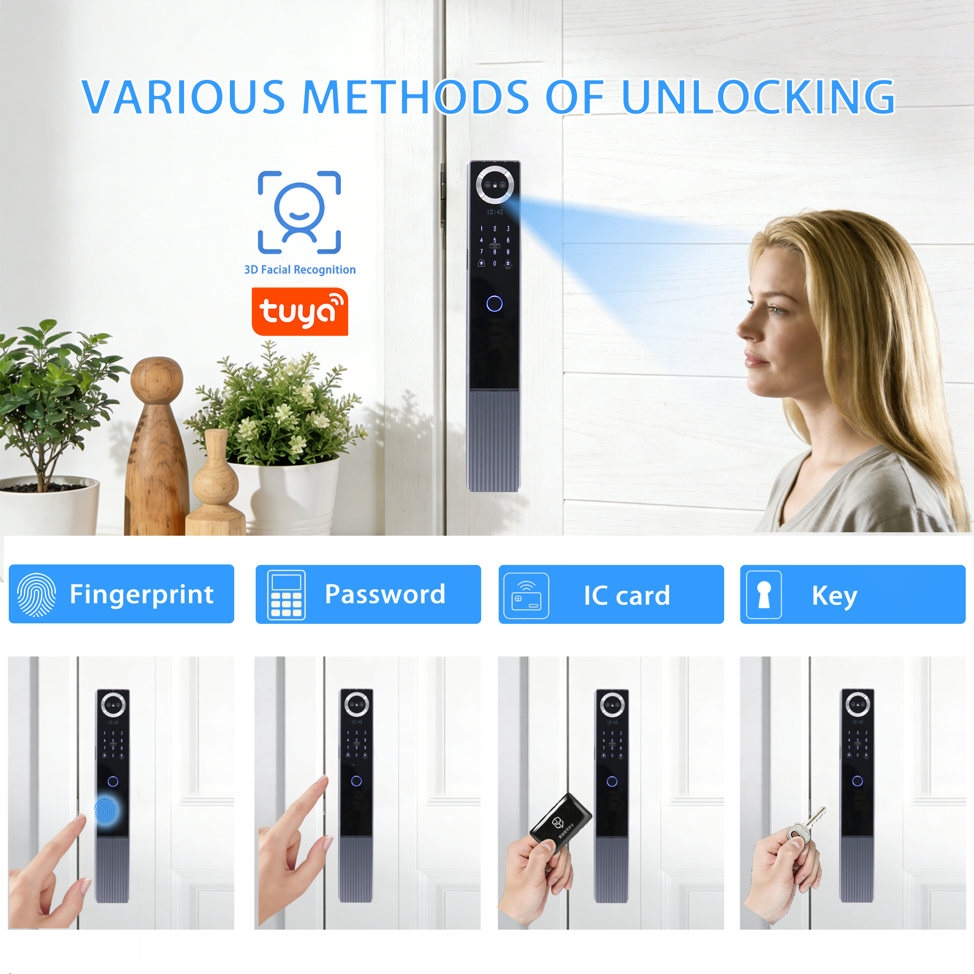 Home Smart Door Lock-Fully Automatic Wi-Fi Enabled 3D Face Recognition Fingerprint Biometric Tuya App Control Memory