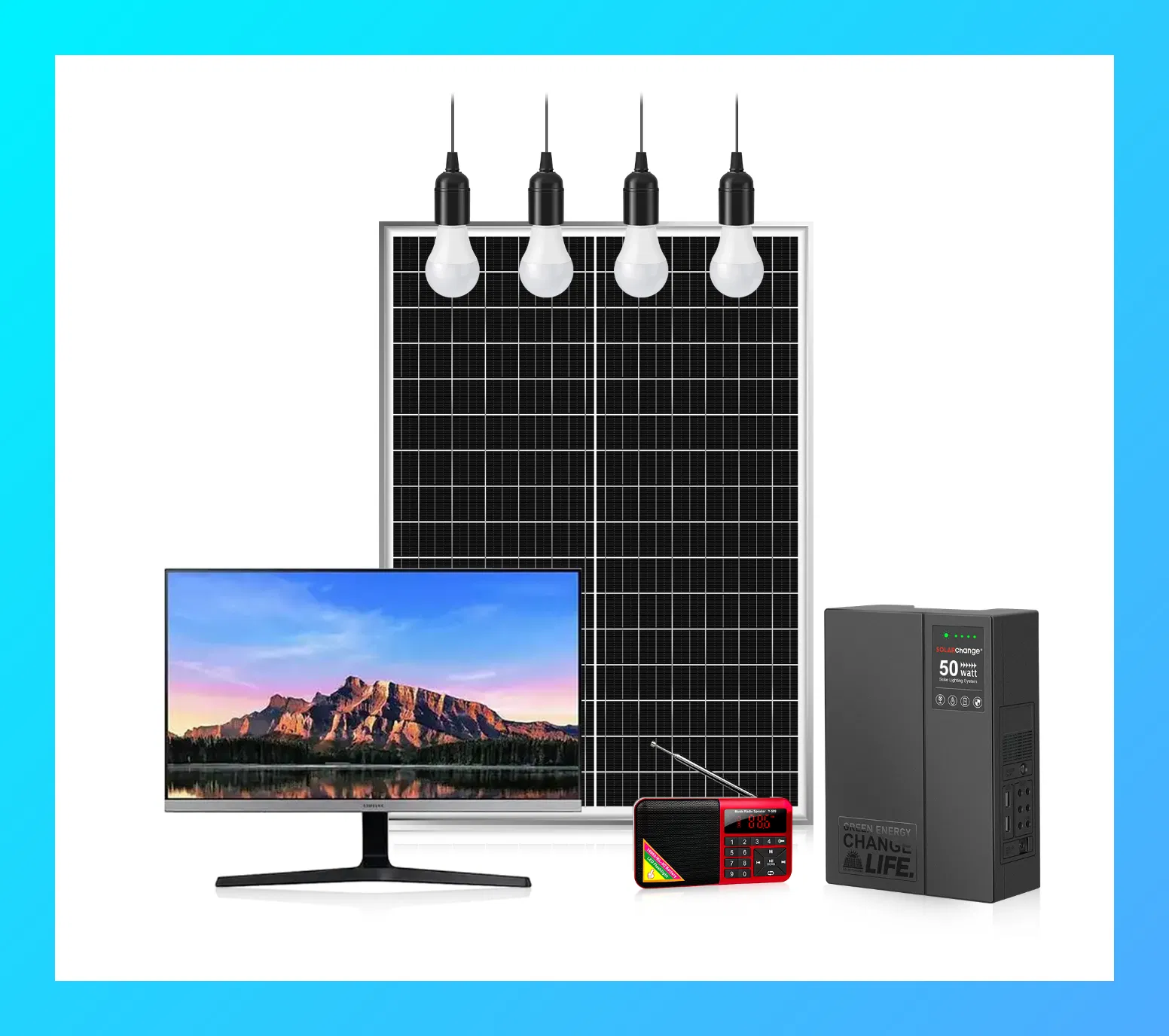Versatile 50W Solar Light Kit Featuring TV, Fan, and Radio