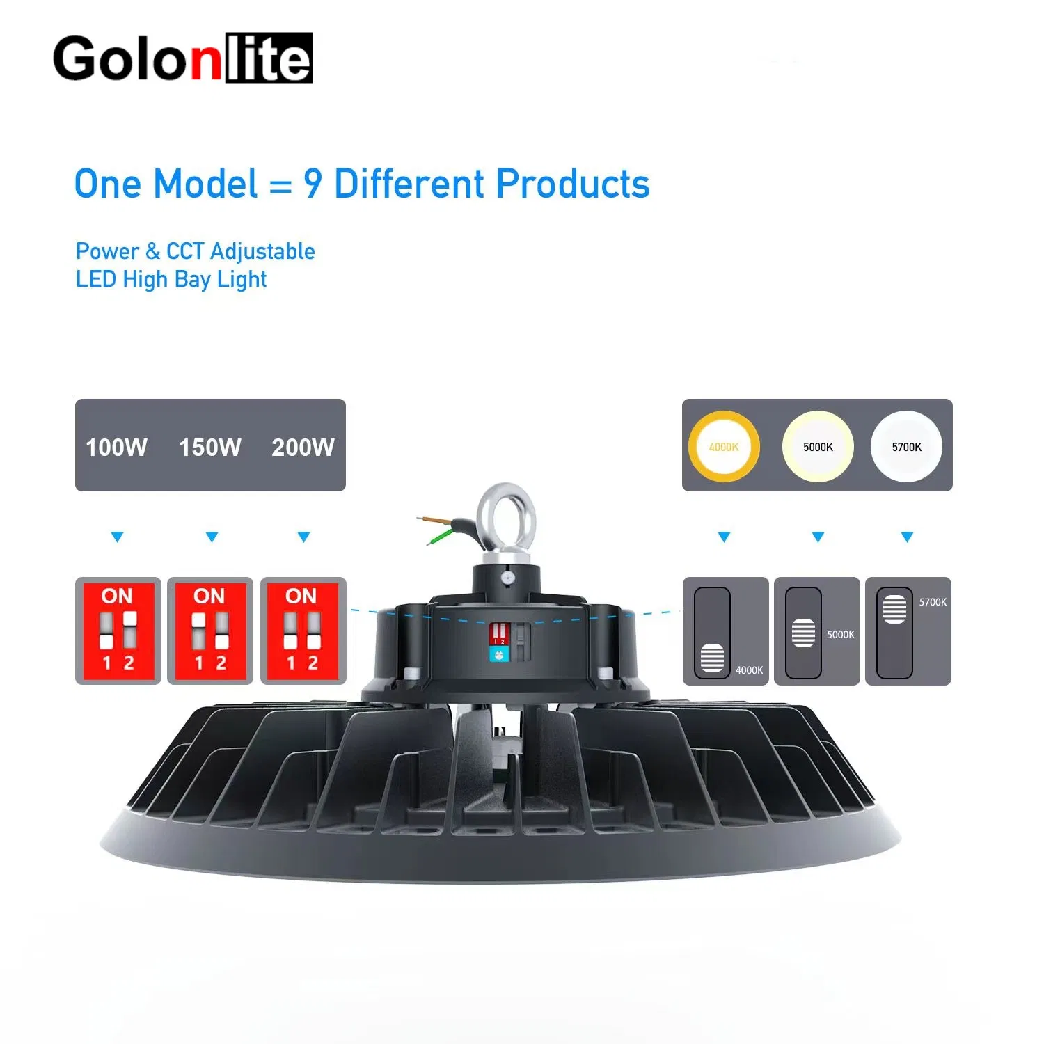 150lm/W 170lm/W 190lm/W 210lm/W 100-277V Dimmable Power Selected Motion Daylight Sensor 500W 300W 250W 100W 150W 200W UFO LED High Bay Light