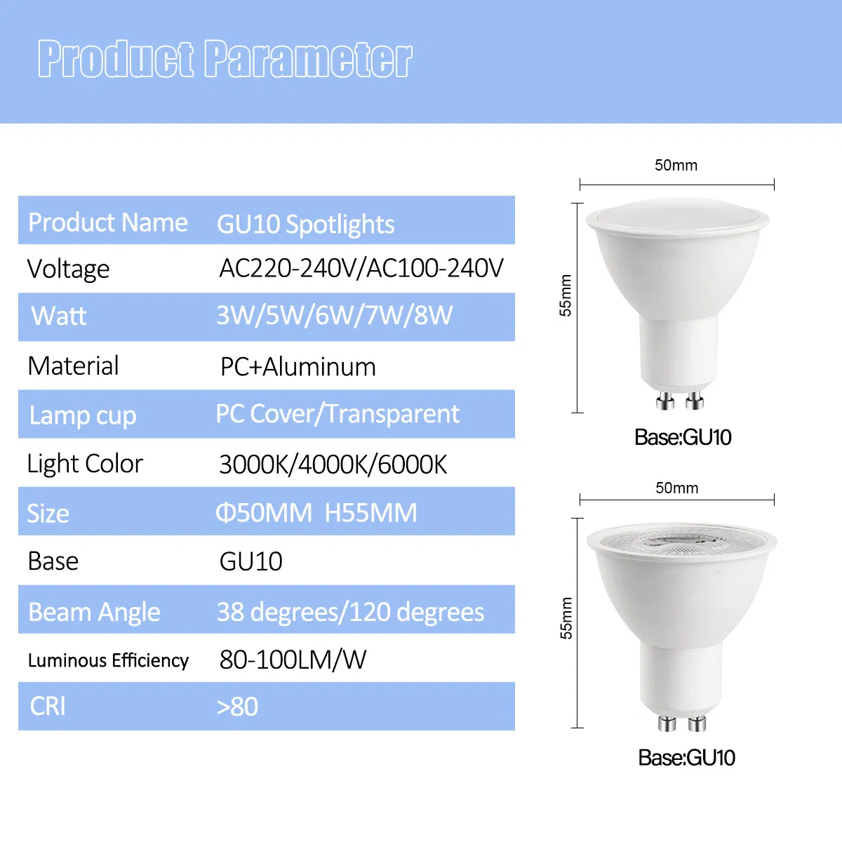 LED GU10 MR16 3W 5W 6W 7W 8W Lamp Energy Saving Lamp Recessed LED Spot Light ERP2.0 for Indoor Lighting