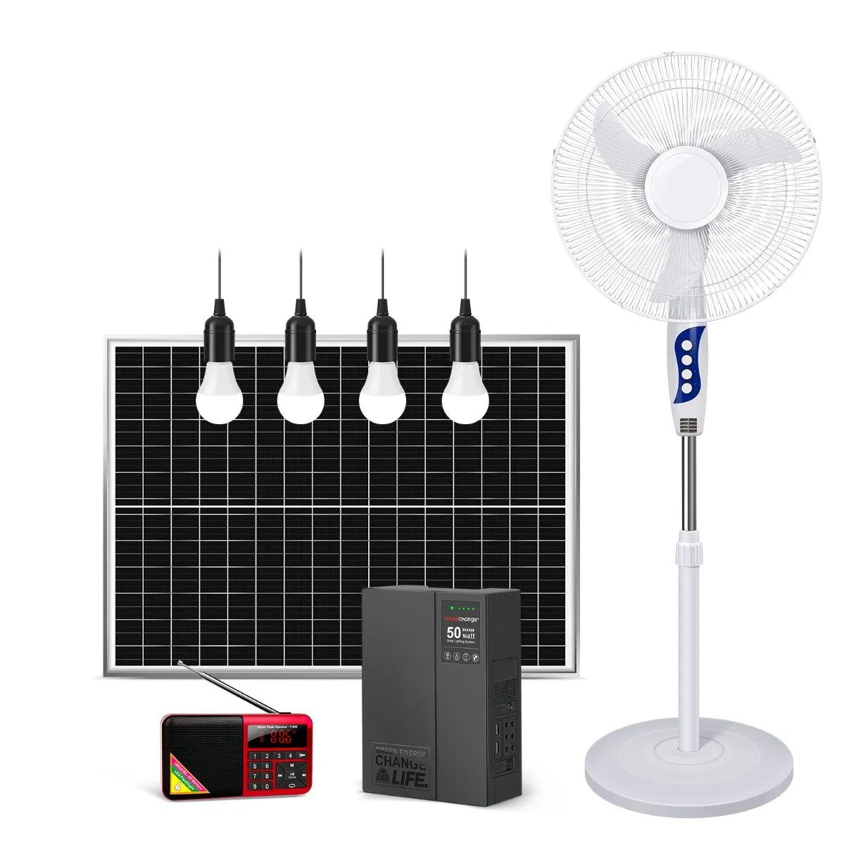 Versatile 50W Solar Light Kit Featuring TV, Fan, and Radio