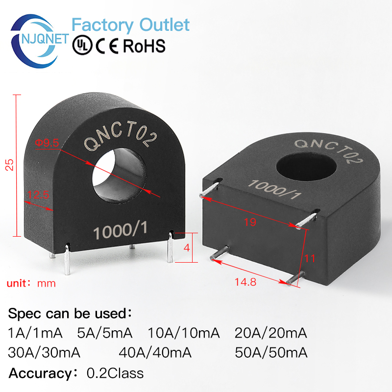Qnct02 10A 10mA 50A 25mA 20A 20mA 1000/1 2000/1 Micro Current Sensor PCB Mount CT Miniature Precision AC Current Transformer