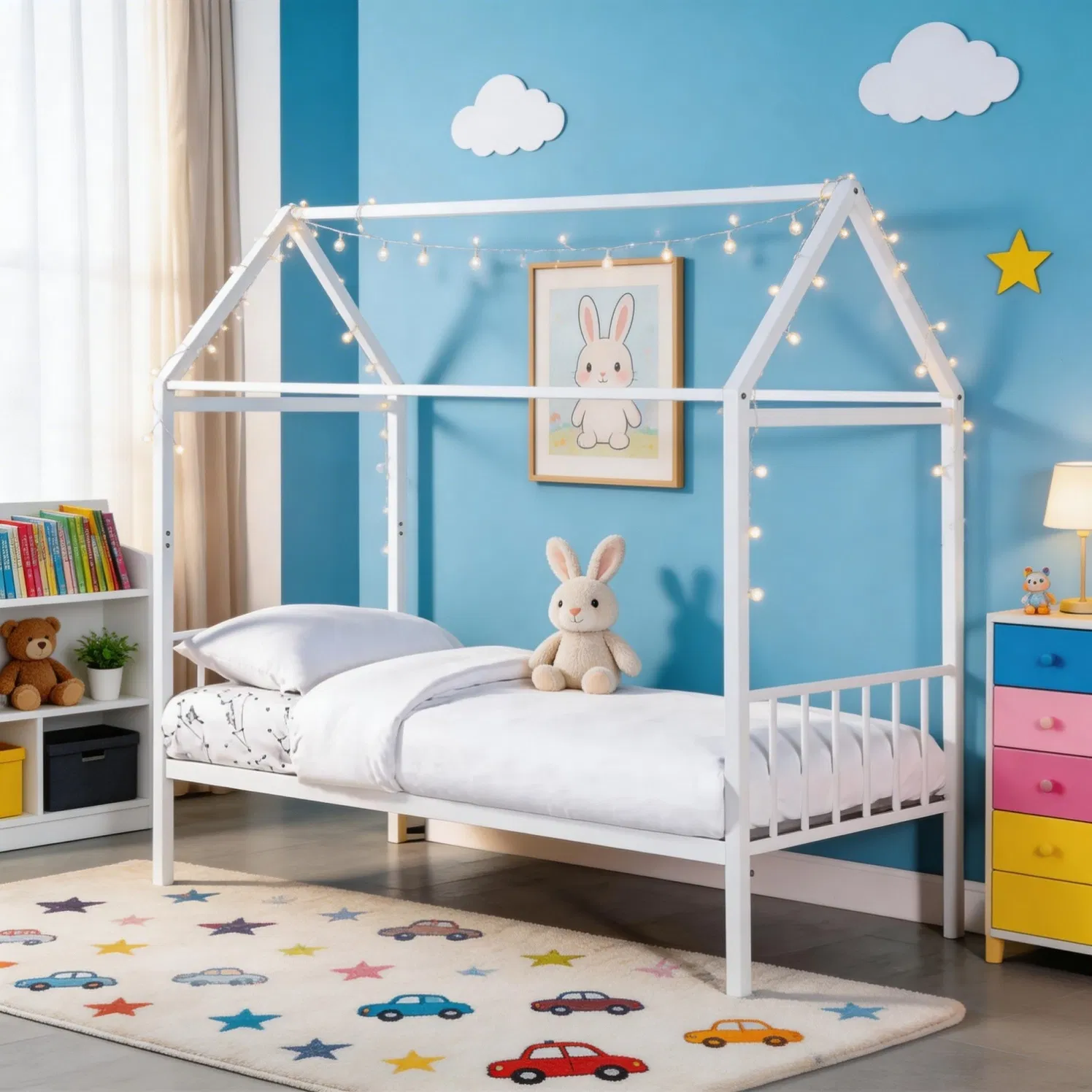 Kids House Bed Frame with Built in Reading Nook and Cushioned Window Seat Area