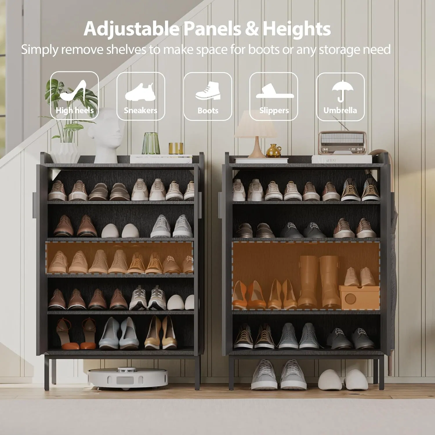 Entryway Barn-Door Style Shoe Cabinet with Adjustable Shelves Top Baffle and Metal Support Feet