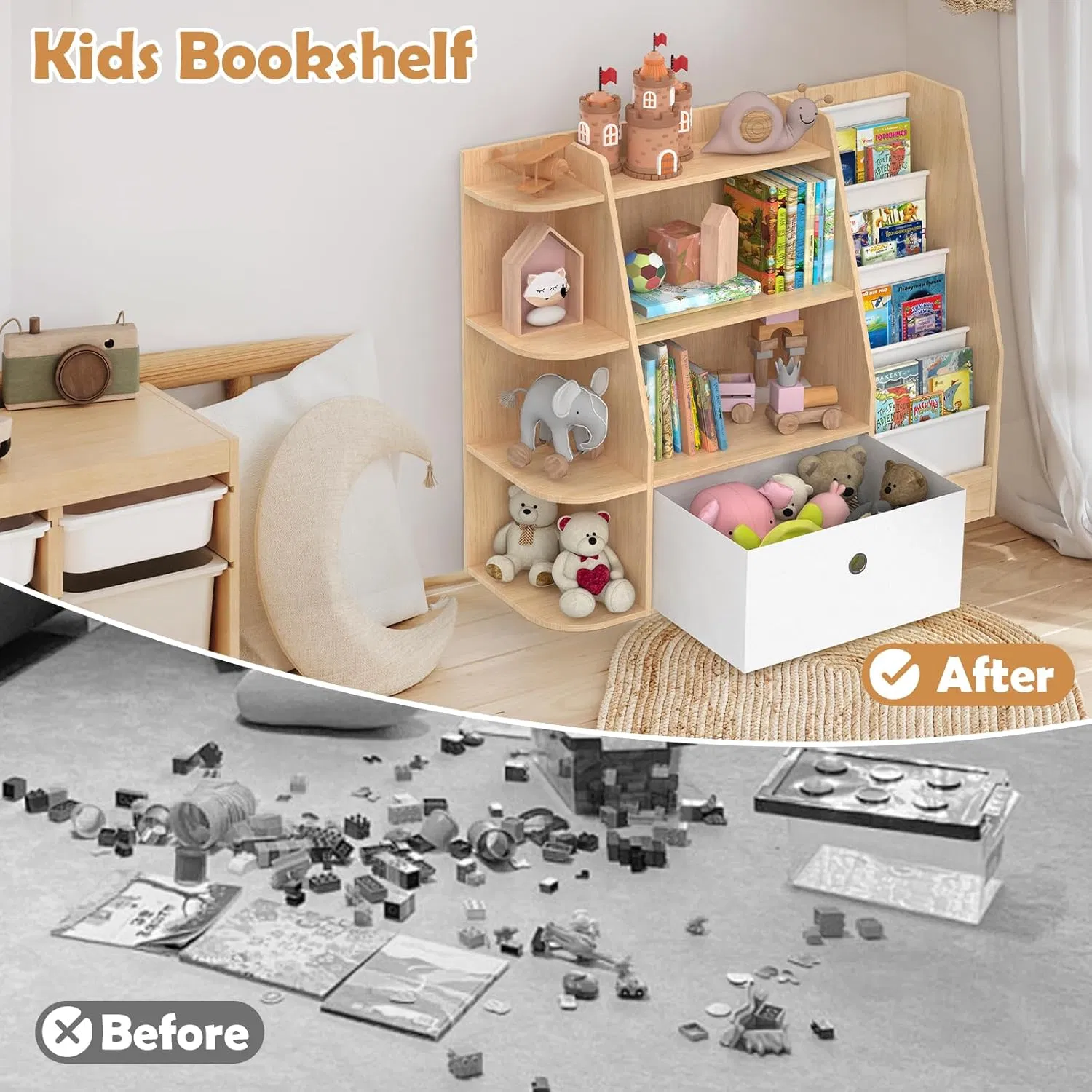 Multi-Functional Natural Wood Finish Toddler Reading Nook Furniture with Integrated Fabric Slings and Large Toy Storage Drawer Kids Bookshelf