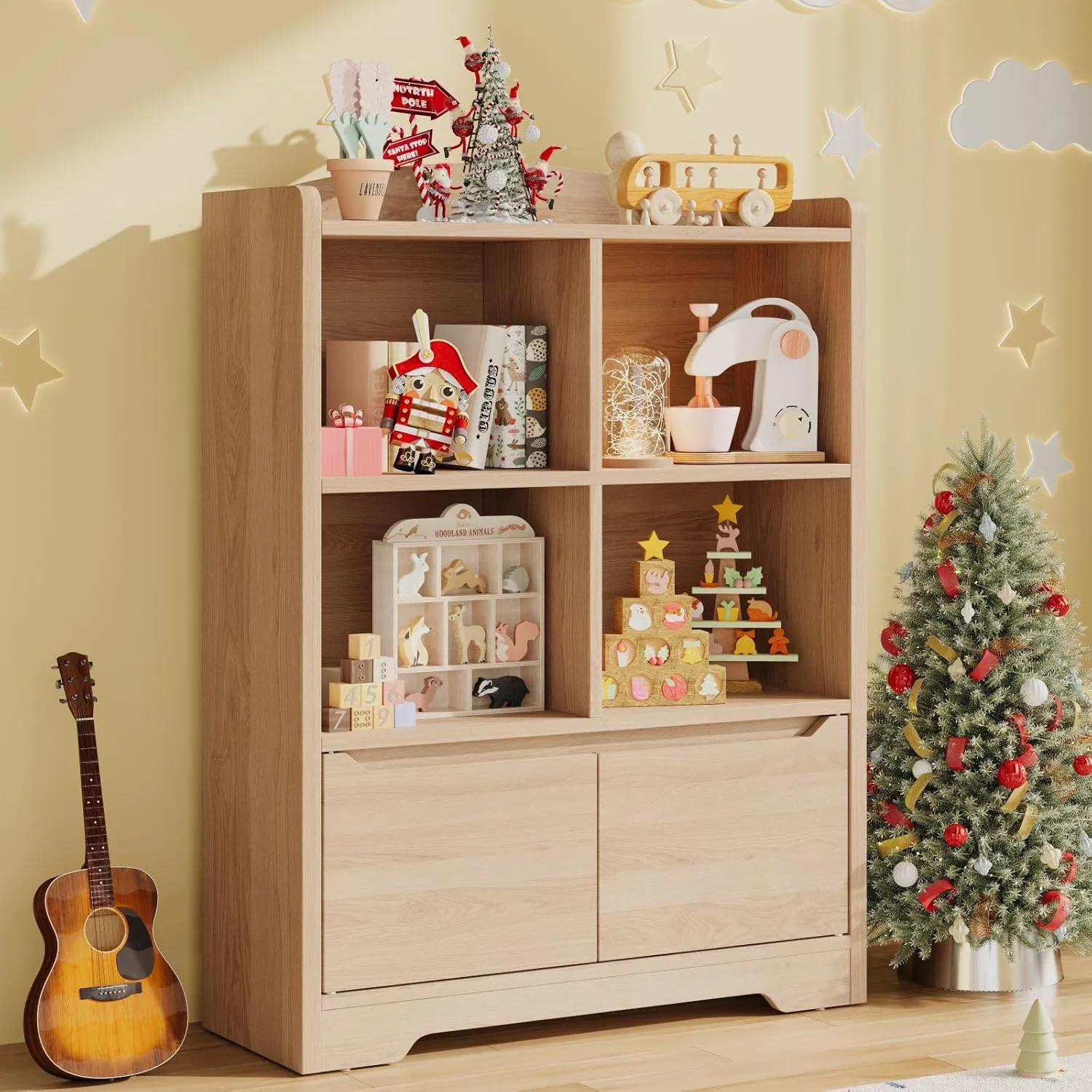 3-in-1 Kids Bookshelf with Cushioned Seating Reading Nook and Modular Storage Cabinet Set