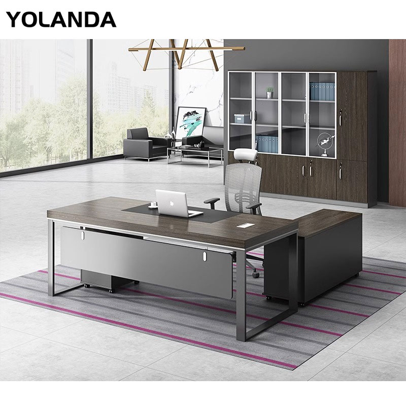 Yolanda Luxury Modern Office Furniture CEO Executive Boss Commercial Desk L-Shaped Metal Table and MDF for Home or School Use