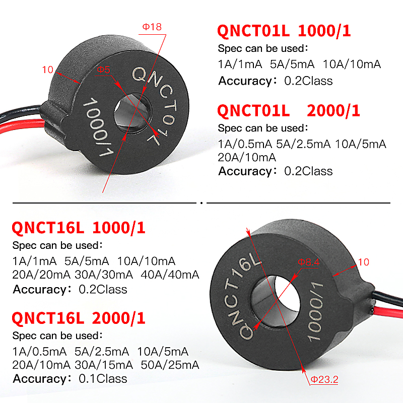 Qnct02 10A 5mA 50A/25mA 20A 10mA 40A 20mA 100A PCB Mount CT Miniature Precision AC Current Transformer Micro Current Transducer
