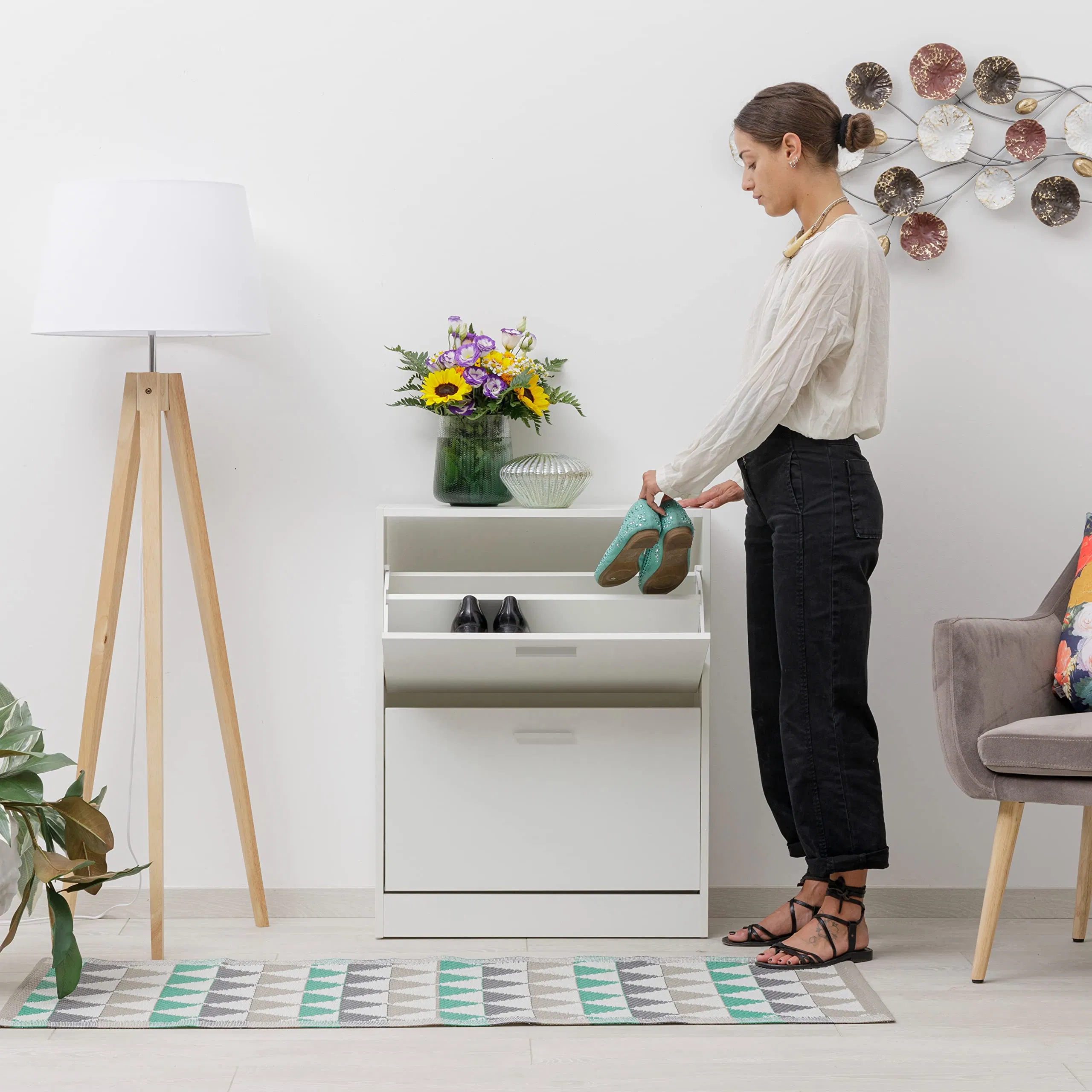 Slim Space Saving Shoe Rack in Melamine Wood for Entryway Shoe Cabinet with Folding Doors and Double Depth White 2 Doors