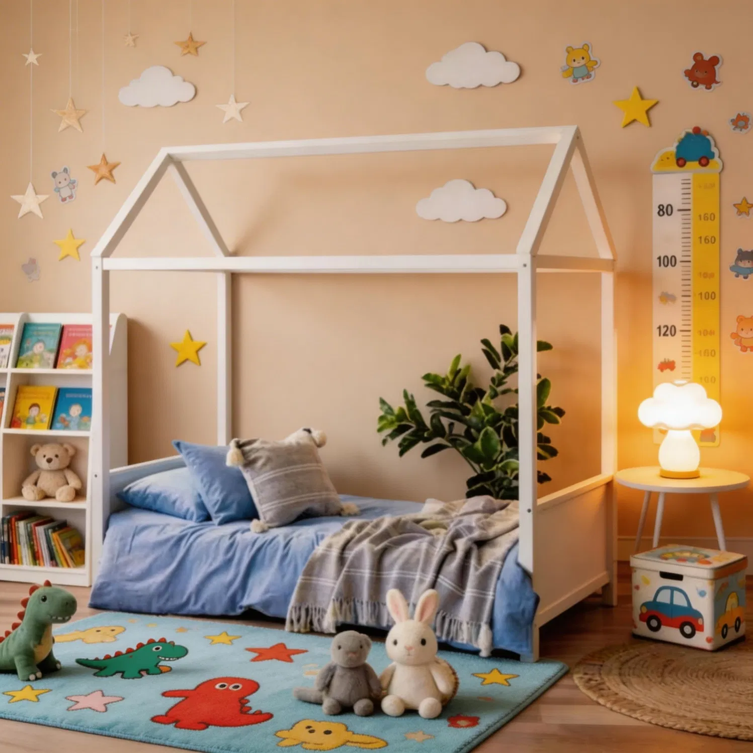 Kids House Bed Frame with Built in Reading Nook and Cushioned Window Seat Area