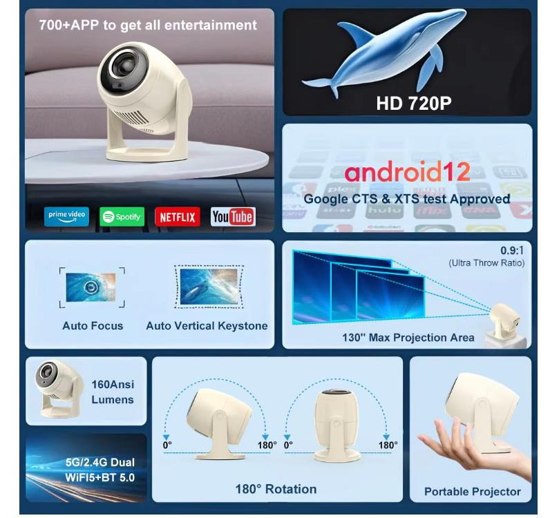 Smart Portable Projector Auto Focus Projector WiFi HD Mini Home Theater