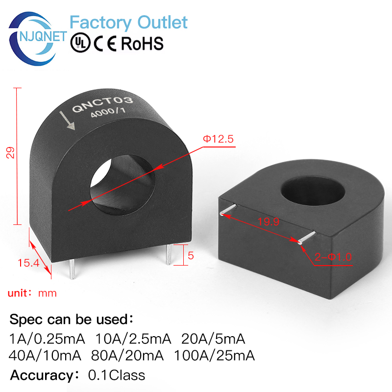 Qnct03 50A 25mA 100A 50mA 100A 20mA 100A/33.3mA 1: 2000 1: 4000 PCB Mount CT Sensor Miniature Precision Current Transformer