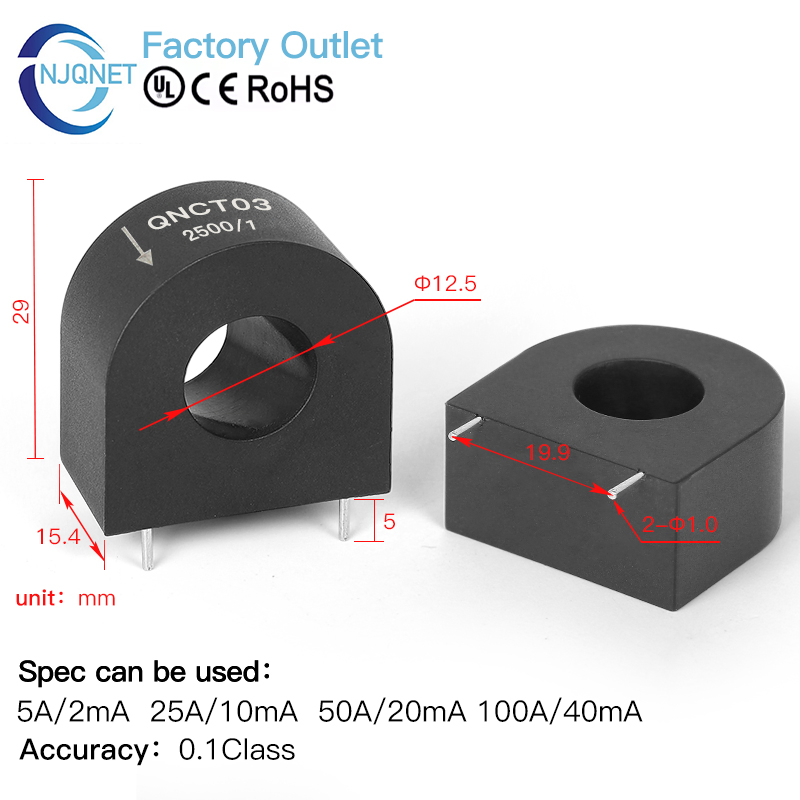 Qnct03 50A 25mA 100A 50mA 100A 20mA 100A/33.3mA 1: 2000 1: 4000 PCB Mount CT Sensor Miniature Precision Current Transformer