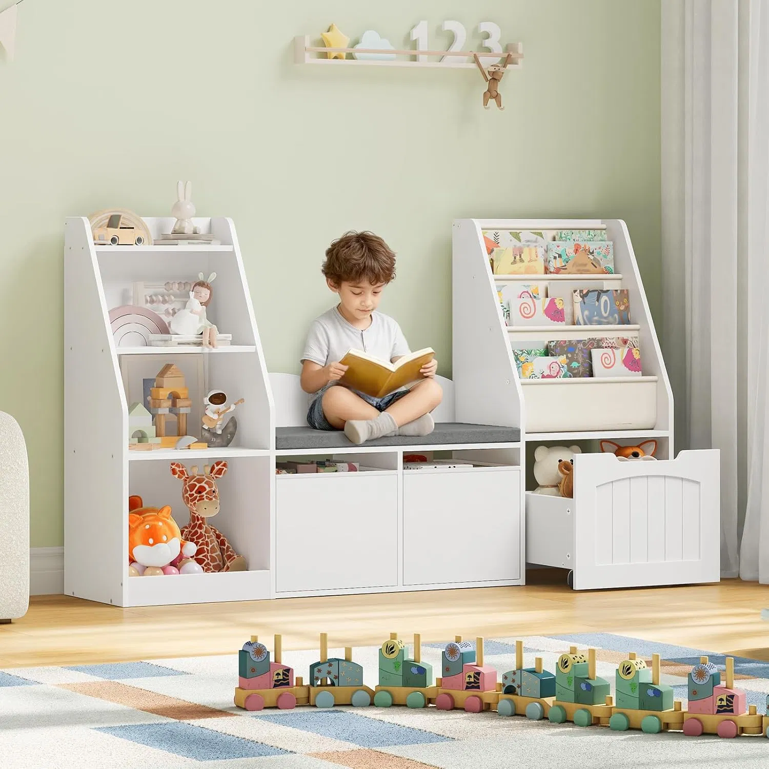 3-Piece Integrated Children Reading Nook Center Wooden Kids Bookshelf Display Rack with Fabric Sling Organizer