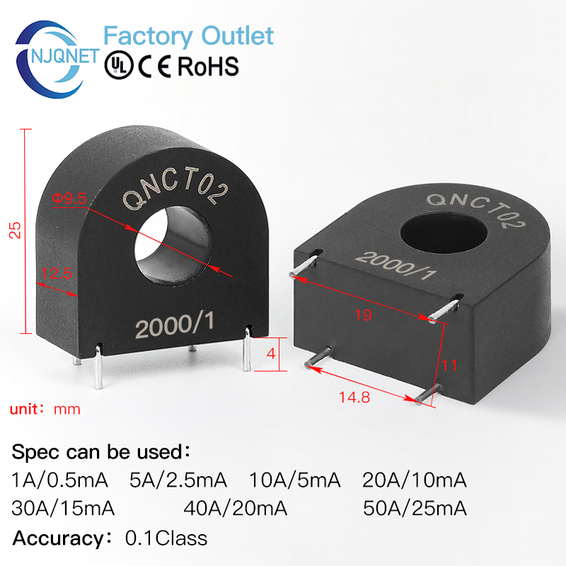 Qnct02 10A 10mA 50A 25mA 20A 20mA 1000/1 2000/1 Micro Current Sensor PCB Mount CT Miniature Precision AC Current Transformer