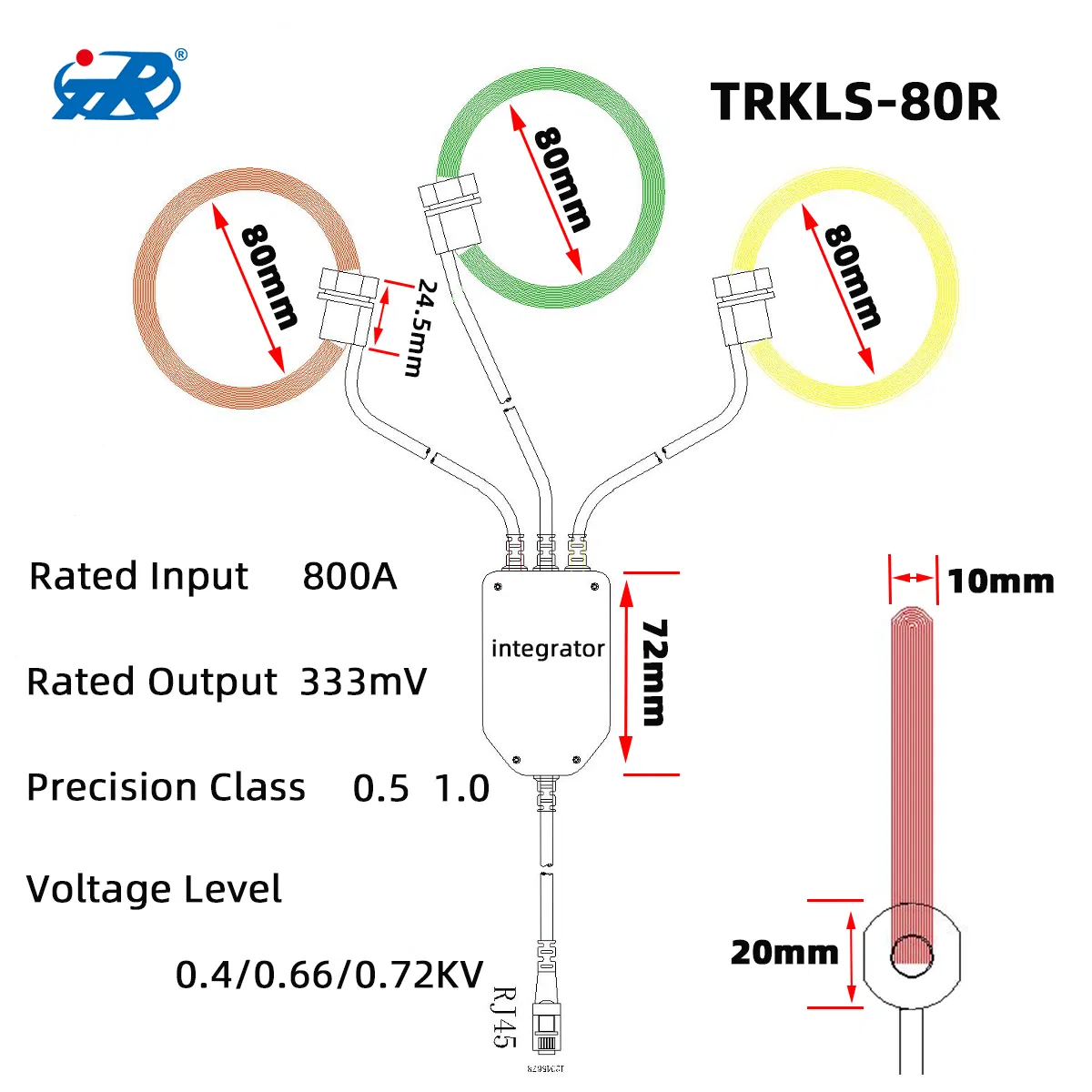 TRKLS-80R Open Close Three-Phase Flexible Roche Coil 800A 333mV 0.4/0.66/0.72kV Current Transformer Rogowski Coil 4-20mA