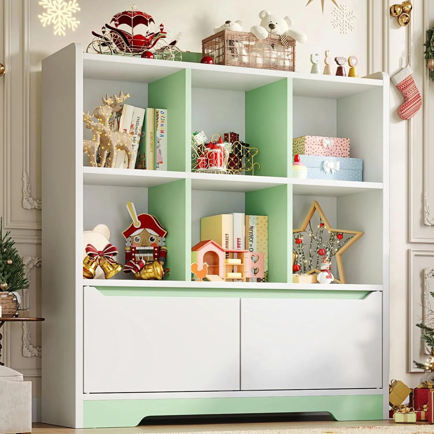 3-in-1 Kids Bookshelf with Cushioned Seating Reading Nook and Modular Storage Cabinet Set