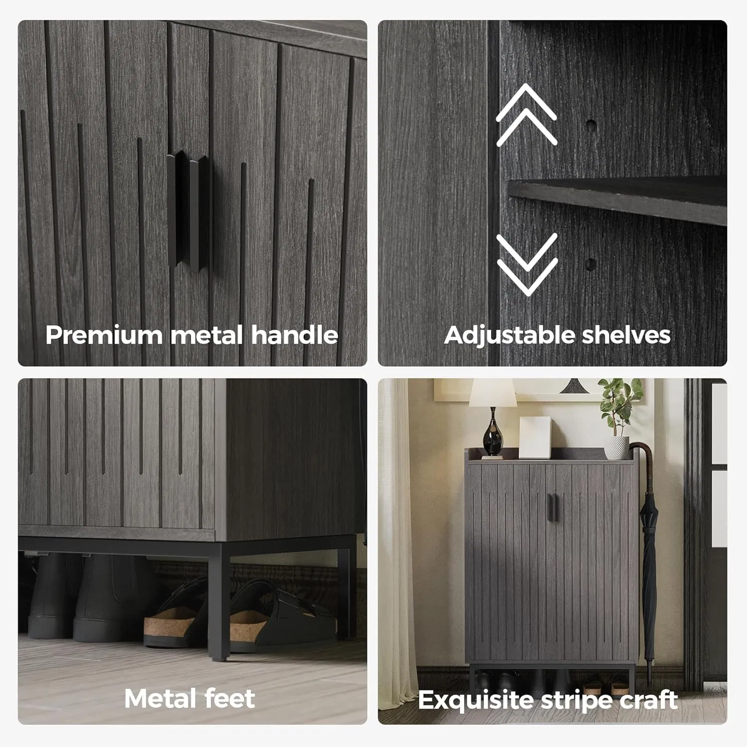 Entryway Barn-Door Style Shoe Cabinet with Adjustable Shelves Top Baffle and Metal Support Feet