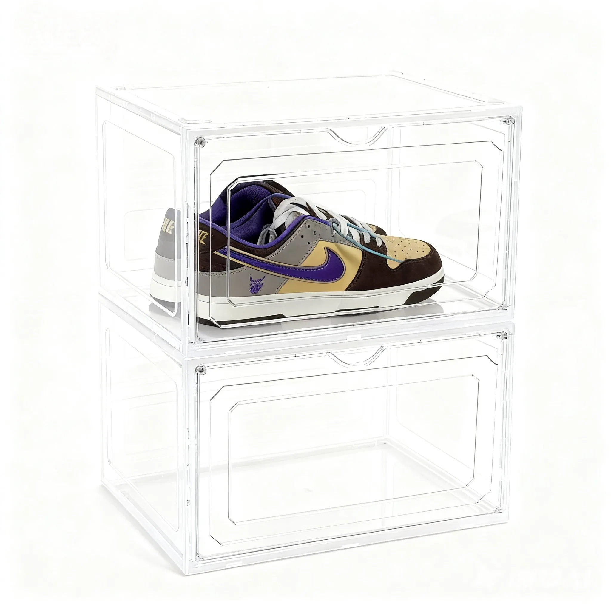 Multi-Purpose Magnetic Transparent Shoe Box - Stackable Clear Plastic for Entryway &amp; Toy Storage
