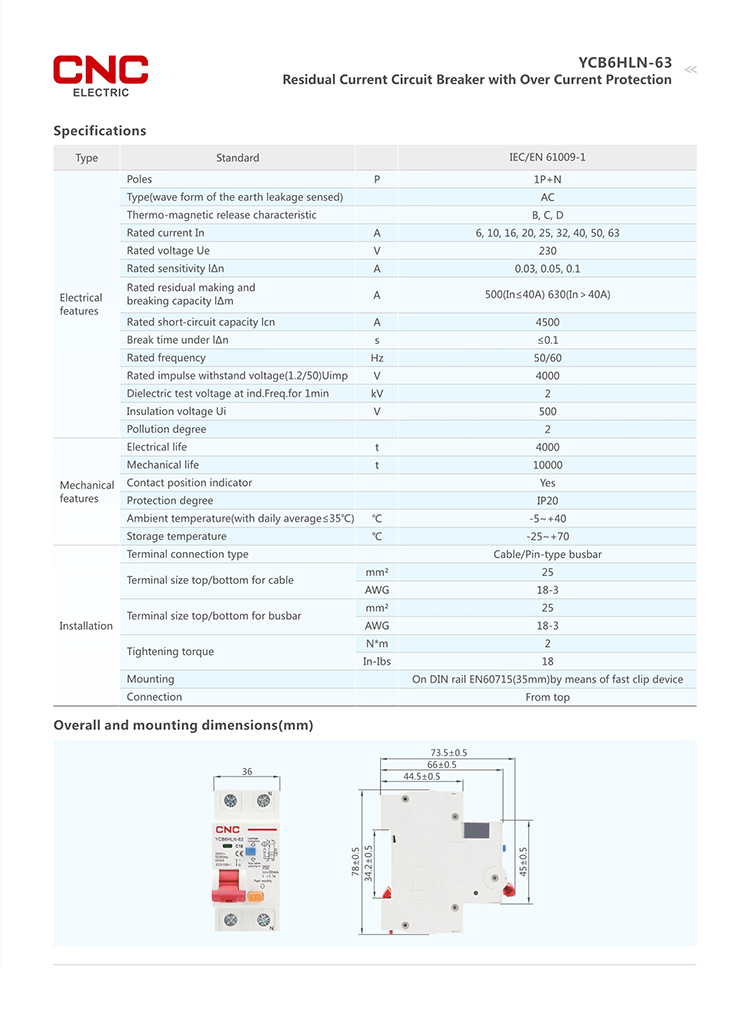CNC 18mm Rcb0 Ycb6hln Motorized Circuit Breaker Control Switches 1 P 2p 3p 1A to 63A AC ELCB RCCB RCBO