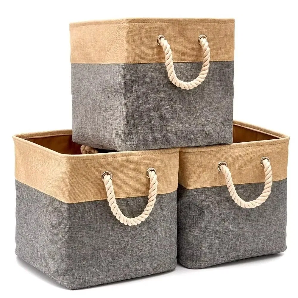 OEM Canvas Fabric Cube Storage Bin Tweed Collapsible Storage Cubes Basket with Cotton Rope Handles for Babies Nursery Toys Organizer