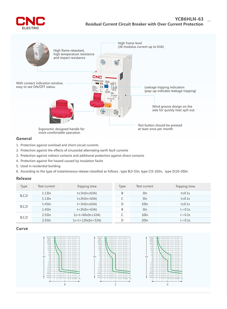 CNC Ycb6hln 1p+N 16A 230V 220V 50Hz/60Hz Residual Current Circuit Breaker with Over Current and Leakage Protection RCBO