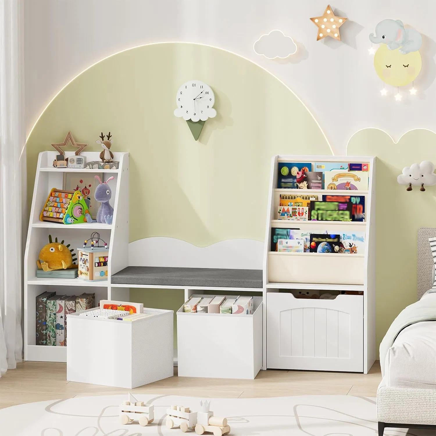 3-Piece Integrated Children Reading Nook Center Wooden Kids Bookshelf Display Rack with Fabric Sling Organizer