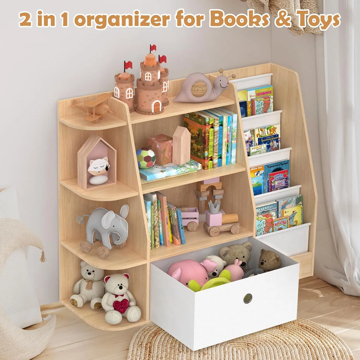 Multi-Functional Natural Wood Finish Toddler Reading Nook Furniture with Integrated Fabric Slings and Large Toy Storage Drawer Kids Bookshelf