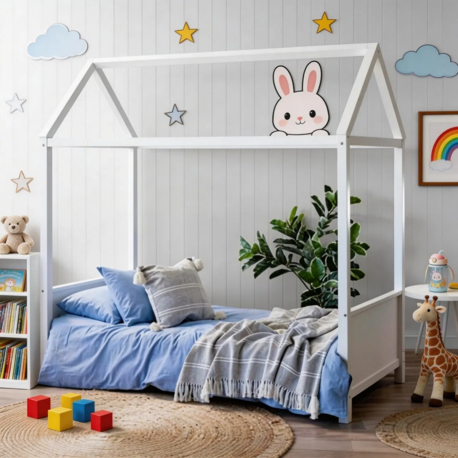 Kids House Bed Frame with Built in Reading Nook and Cushioned Window Seat Area