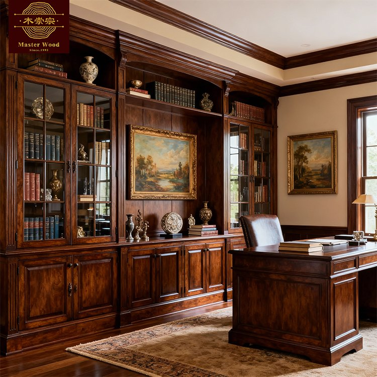 Whole House Customization Rustic Vintage Full-Wall with Rolling Ladder, Open Shelves &amp; Closed Cabinet for Home Library &amp; Cozy Reading Nook - Custom Bookcase