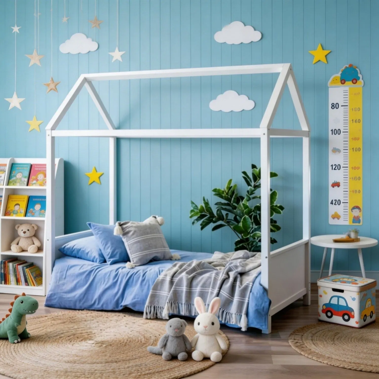 Kids House Bed Frame with Built in Reading Nook and Cushioned Window Seat Area
