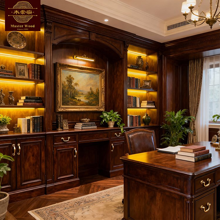 Whole House Customization Rustic Vintage Full-Wall with Rolling Ladder, Open Shelves &amp; Closed Cabinet for Home Library &amp; Cozy Reading Nook - Custom Bookcase