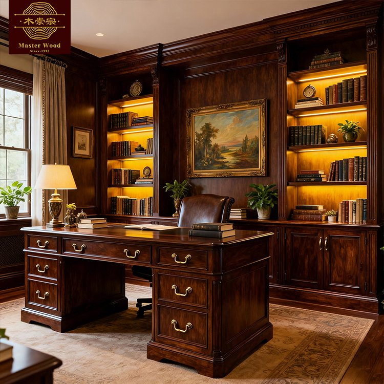 Whole House Customization Rustic Vintage Full-Wall with Rolling Ladder, Open Shelves &amp; Closed Cabinet for Home Library &amp; Cozy Reading Nook - Custom Bookcase