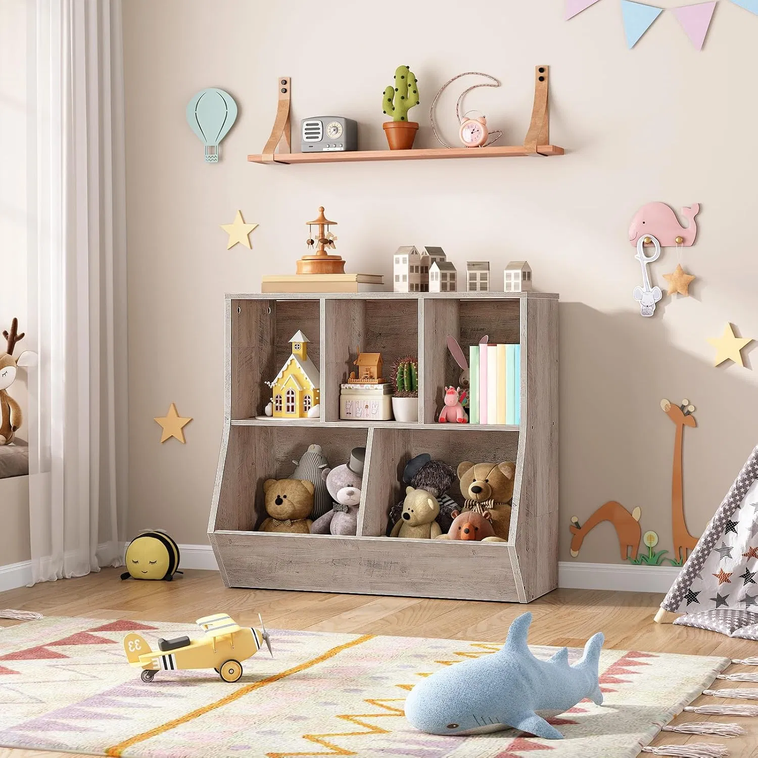 Multi Functional Kids Reading Nook Organizer with Padded Bench Seat and 6 Compartments Wood Storage Cabinet