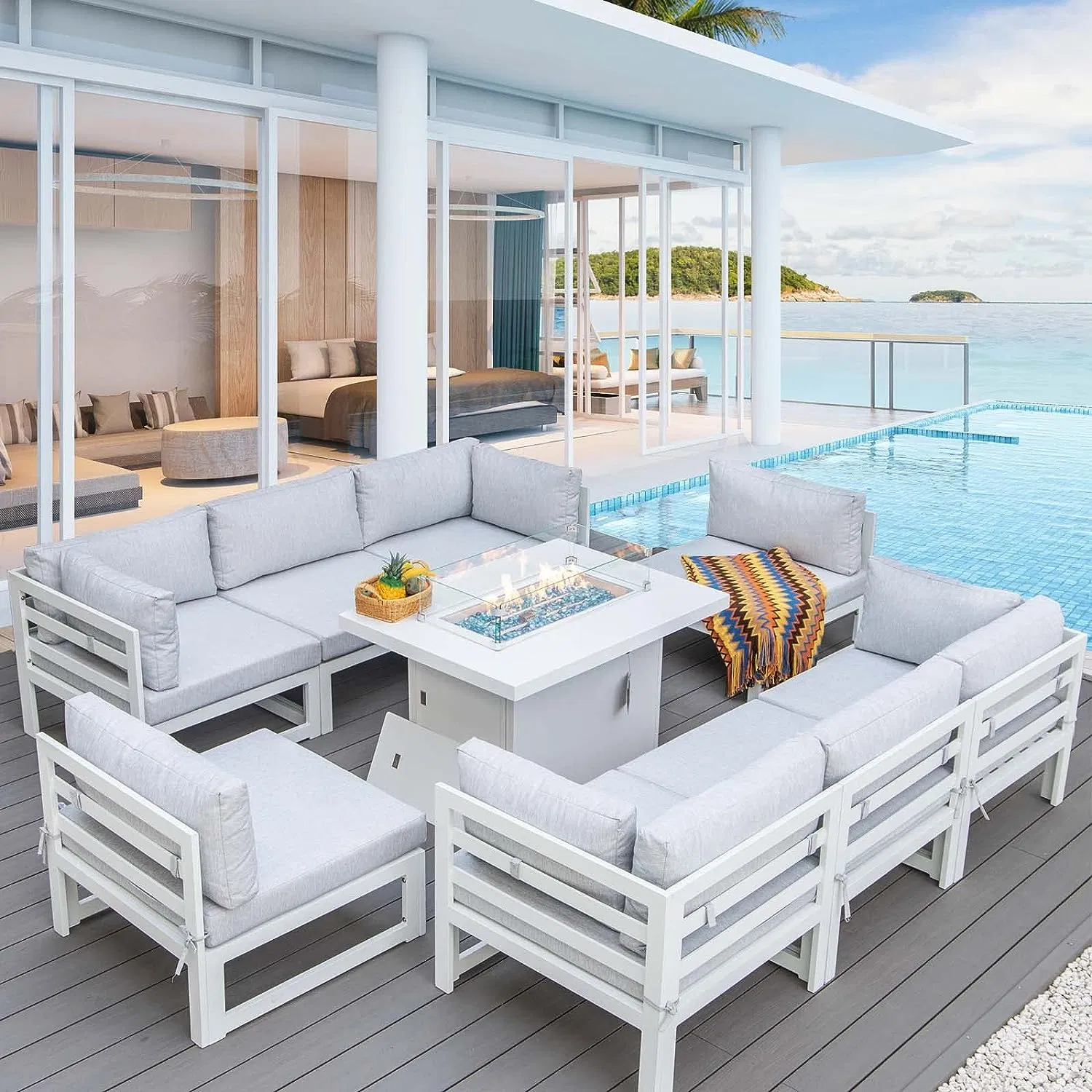 Hotel Furniture Garden Patio Aluminum Sofa Sets Outdoor Sofa with Fire Pit Table