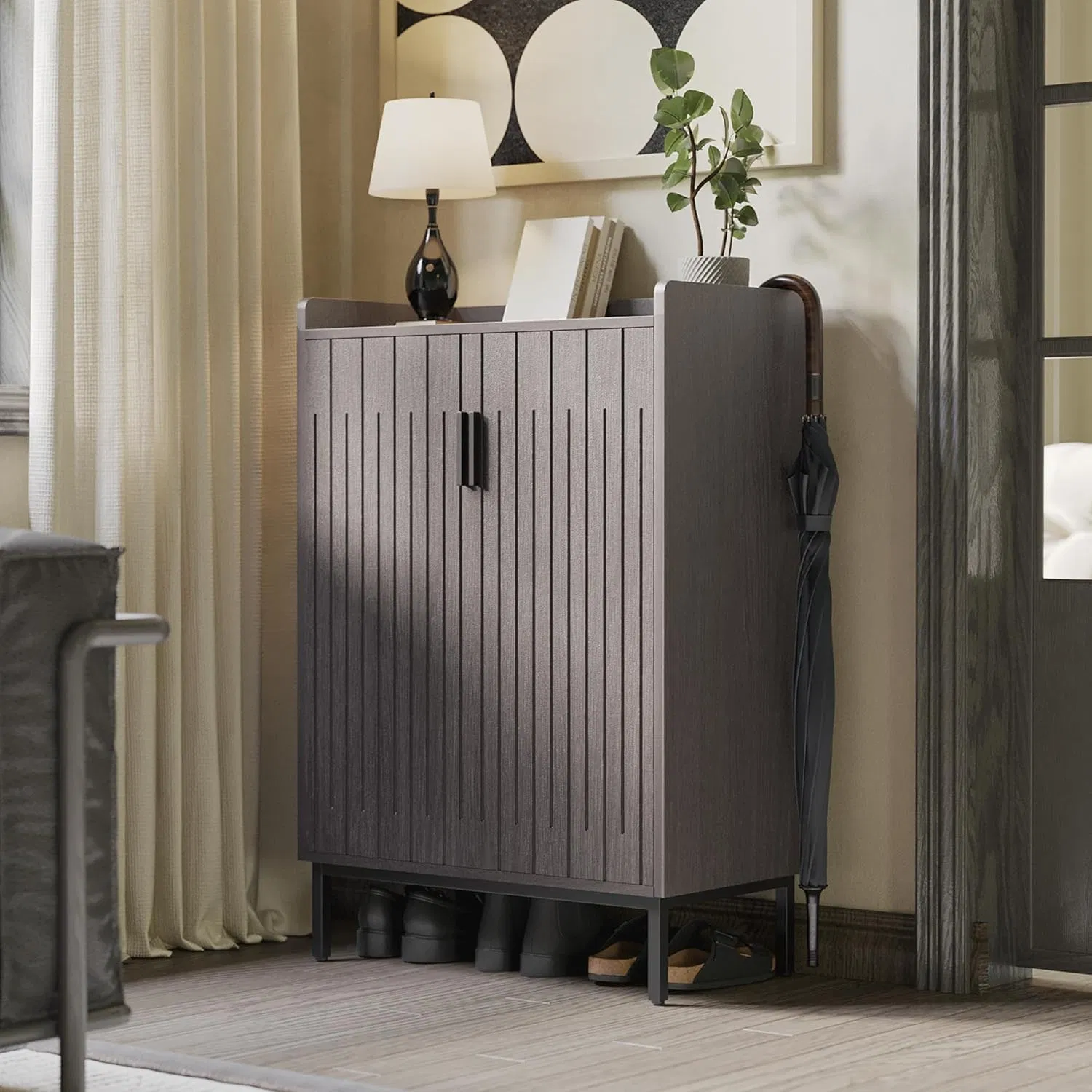 Entryway Barn-Door Style Shoe Cabinet with Adjustable Shelves Top Baffle and Metal Support Feet