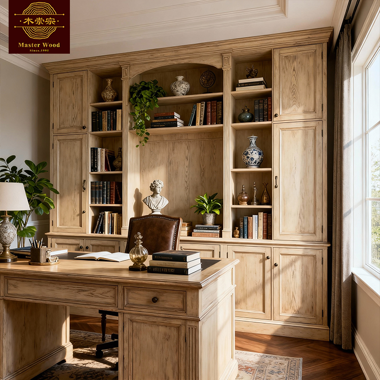 Whole House Customization Rustic Vintage Full-Wall with Rolling Ladder, Open Shelves &amp; Closed Cabinet for Home Library &amp; Cozy Reading Nook - Custom Bookcase