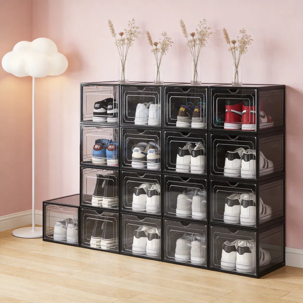 Stackable Clear Plastic Shoe Storage Box for Entryway