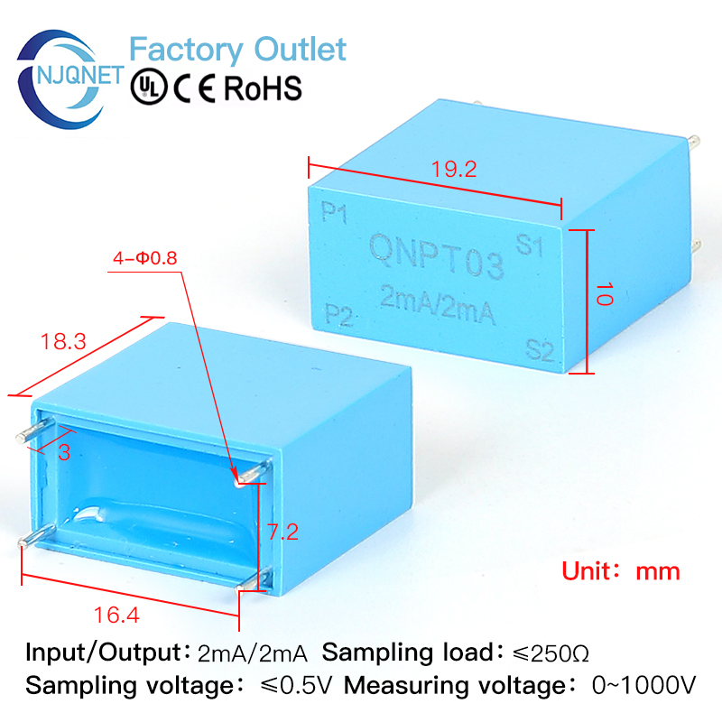 Qnpt04 2mA: 2mA 300V 500V 100V AC Voltage Transducer Miniature PCB Mount Potential Transformer Factory Precision Voltage Transformer