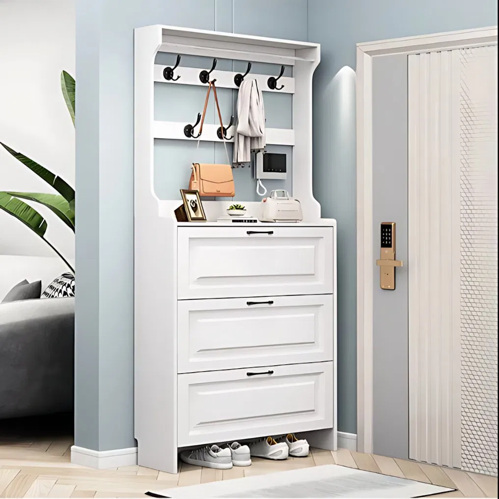 Solid Wood Frame Shoe Cabinet, Entryway Cabinet, Coat Rack, New Style Wall-Mounted Multi-Functional Multi-Layer Storage Cabinet