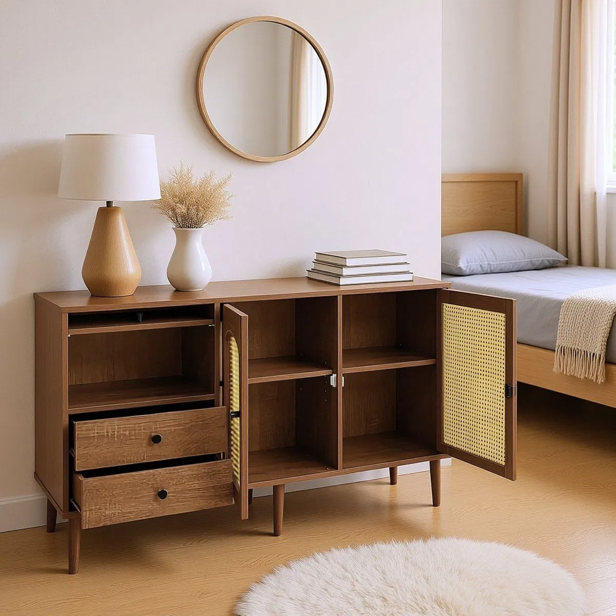 Classic Storage Solid Wood Sideboard with 2-Door Rattan Design &amp; Hidden Compartment Cabinet for Traditional Kitchen or Entryway