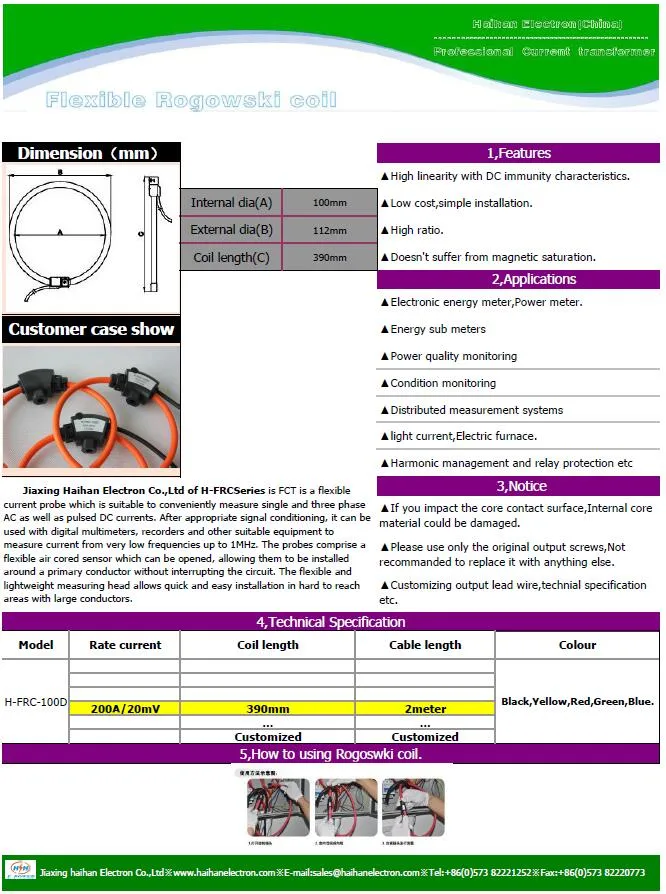 200A AC Flexible Split Rogowski Coil Current Sensor