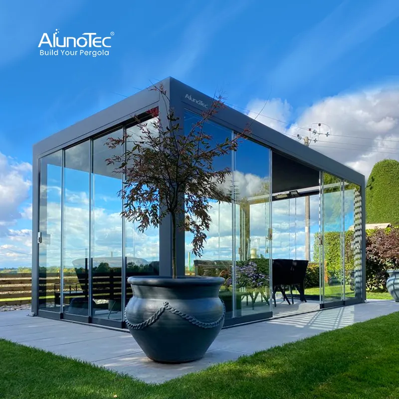 AlunoTec 4X8 DIY Waterproof Patio Sunshade Spring Electric Pool Garden Furniture Gazebo USA Commercial OEM Outdoor Aluminum Louvered Biolimatic Pergola
